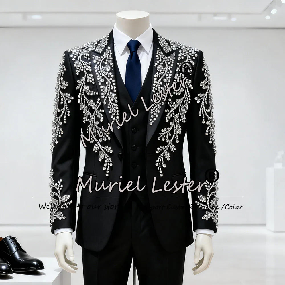 

Rhinestones Beads Men Suit Attire Customized Sing Breasted Groom Wedding Tuxedos Prom Blazers Outfit 3 Pieces trajes para hombre