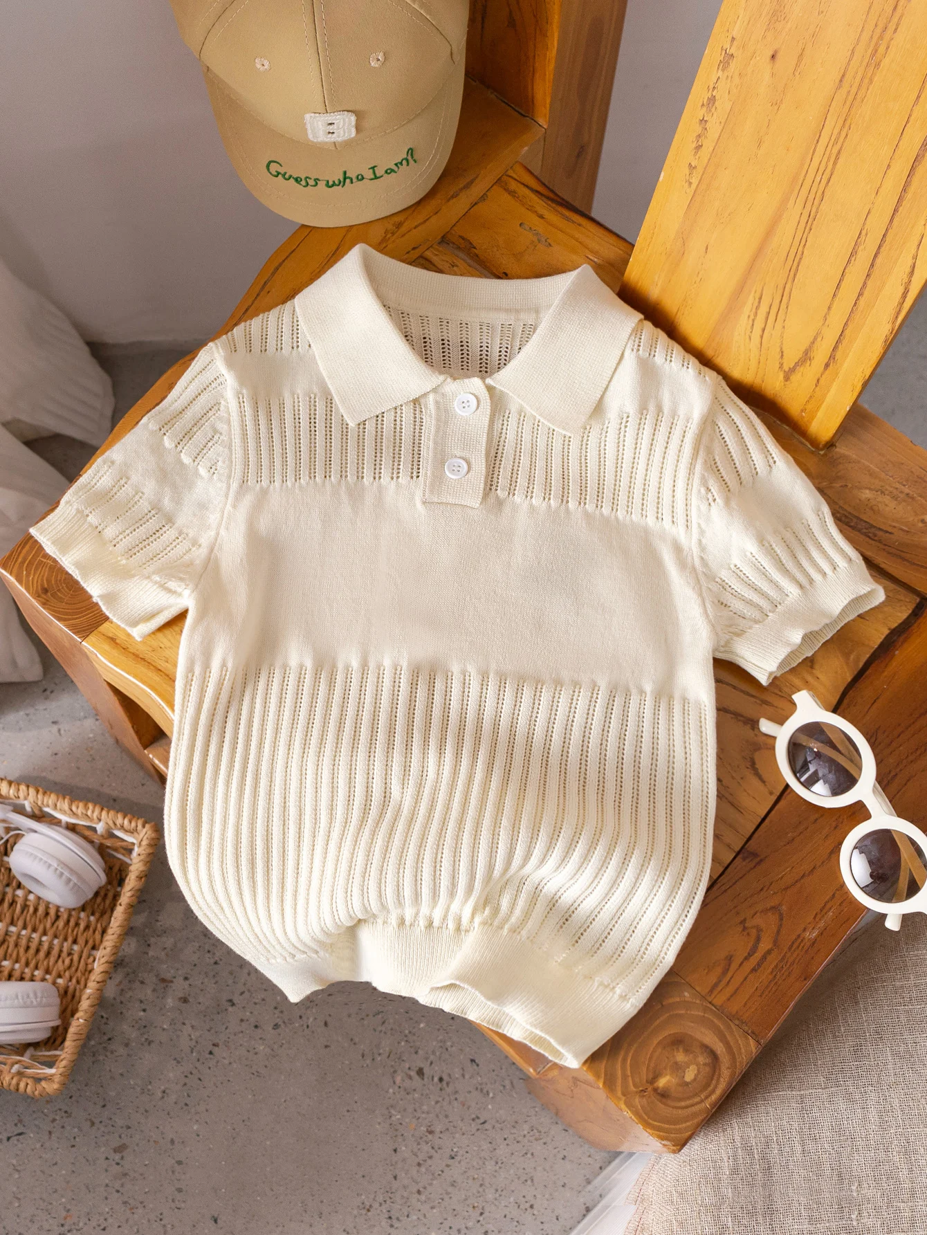 Boys' College Style Solid Color Hollow Collar Polo Shirt Short-Sleeved Thin Knit Sweater Pullover Sweater
