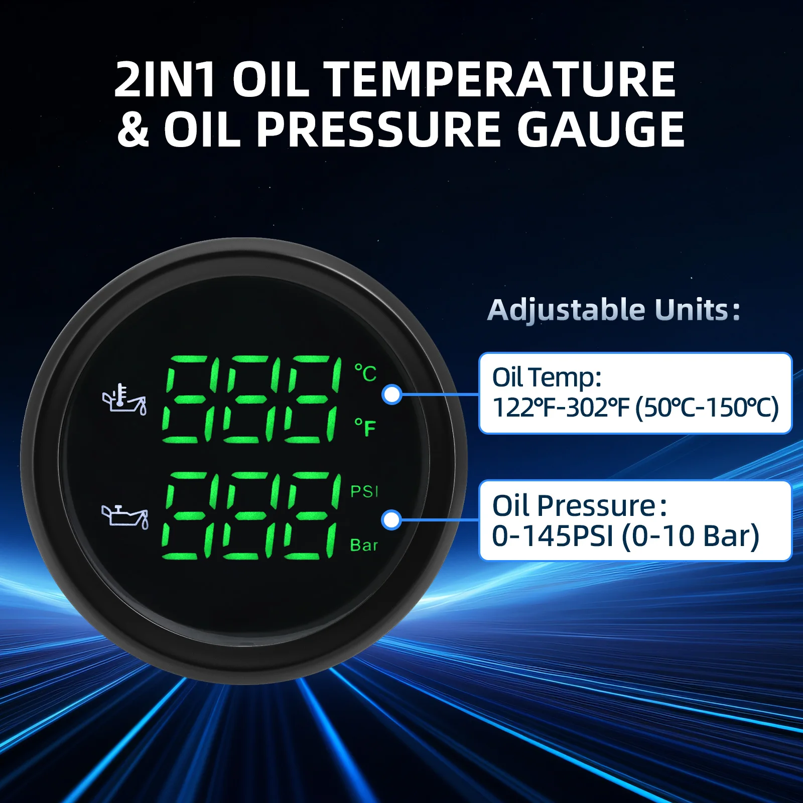 

2 in 1 Green LED Digital Oil Temp Gauge Oil Pressure 0~10 Bar 2" 52mm Fuel Thermometer Sensor 1/8 NPT for Car Truck Boat 12V 24V