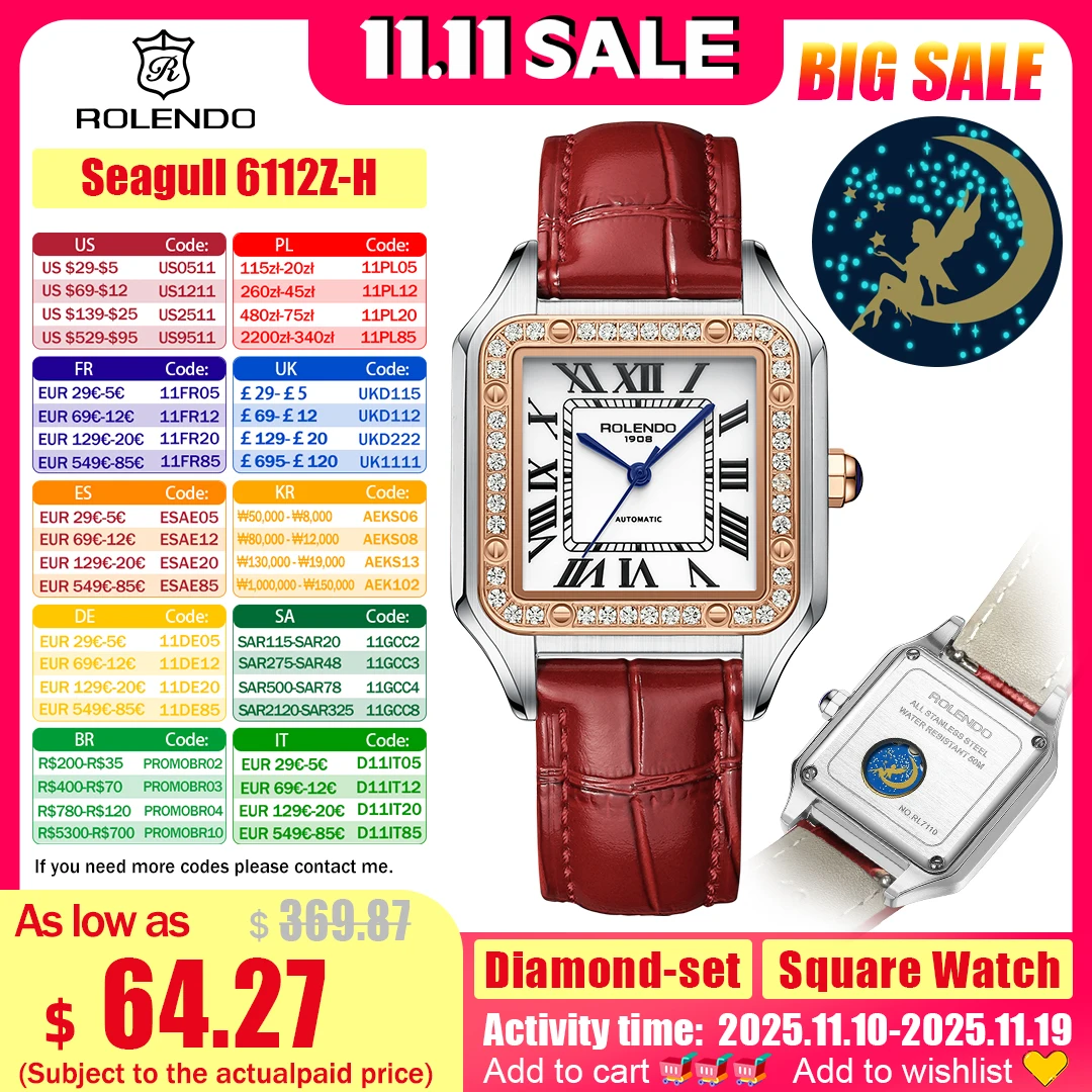 

ROLENDO Santos Homage Watch Square Diamond-Set 33mm Sapphire Crystal 50m Waterproof Automatic Mechanical Luxury Women Wristwatch