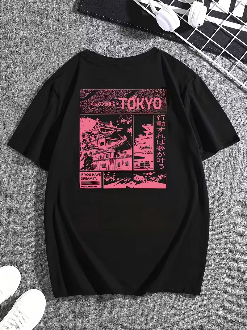 Round Neck Short Sleeve Tee with Letter and Landscape Print Casual Style for Summer Outdoor Sports Travel Commute Soft Durable