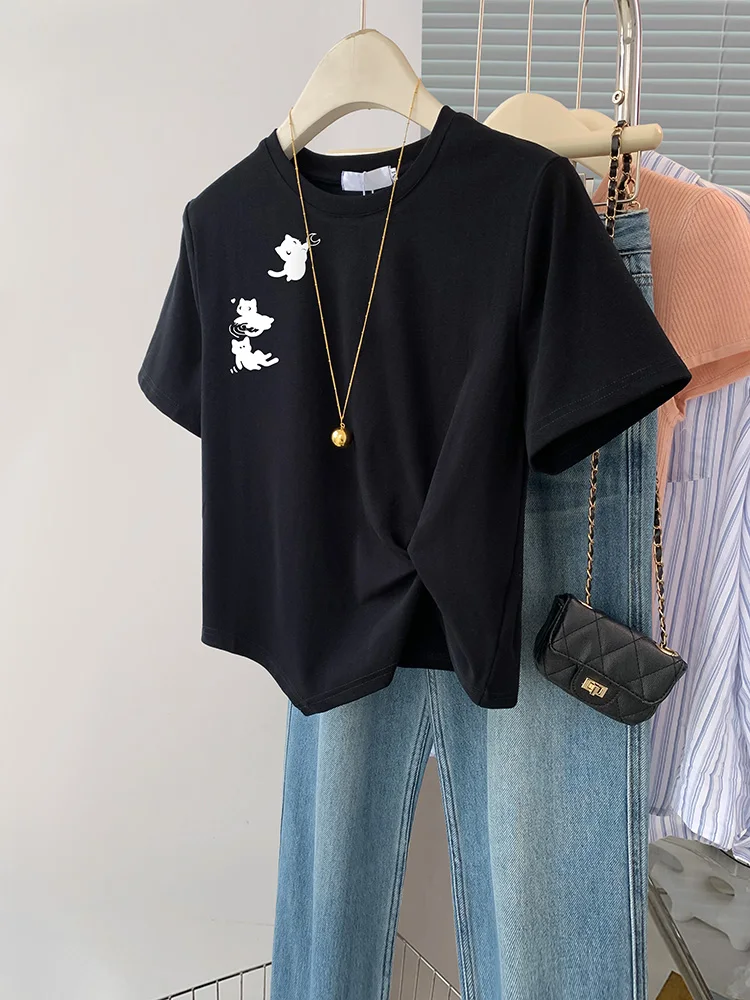

Black Cat Irregular Short Sleeved T-shirt Women Summer Design Sense Niche O-Neck Tops Casual Versatile Chic T-Shirts