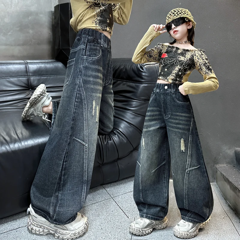 

New Autumn Girls Jeans High Waisted Child Hole Loose Korean Patchwork Blue Bending Knife Pants Kids Casual Style Denim Trousers