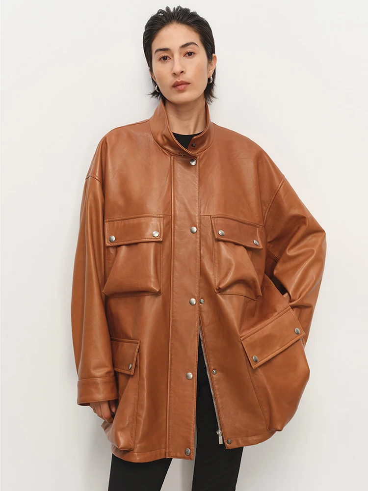 

Vintage Oversize Genuine Leather Windbreaker Jackets for Women Spring Autumn High-end Simple Stand Collar Real Sheepskin Coat