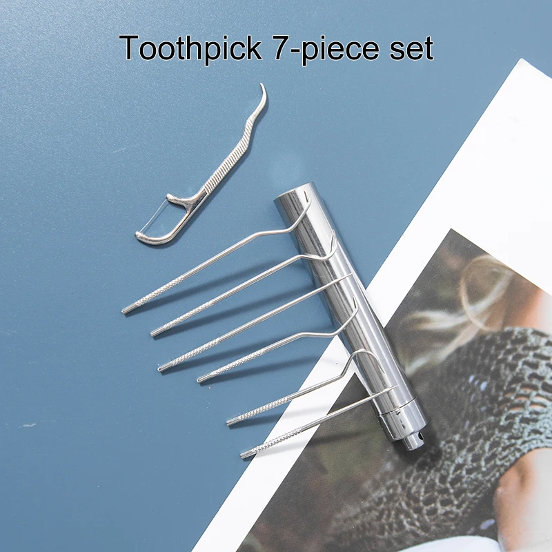 7PCS Stainless Steel Toothpick Set Portable Toothpick Holder Care Metal Dental Cleaning Tools Seven Pieces Set