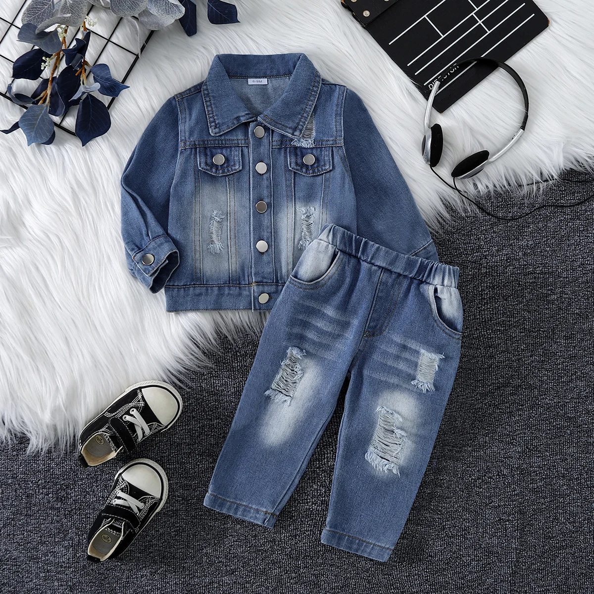 

Children's Denim Jacket Set Cool Casual Hole Design Button Closure Pocket Decoration Street Casual Occasions