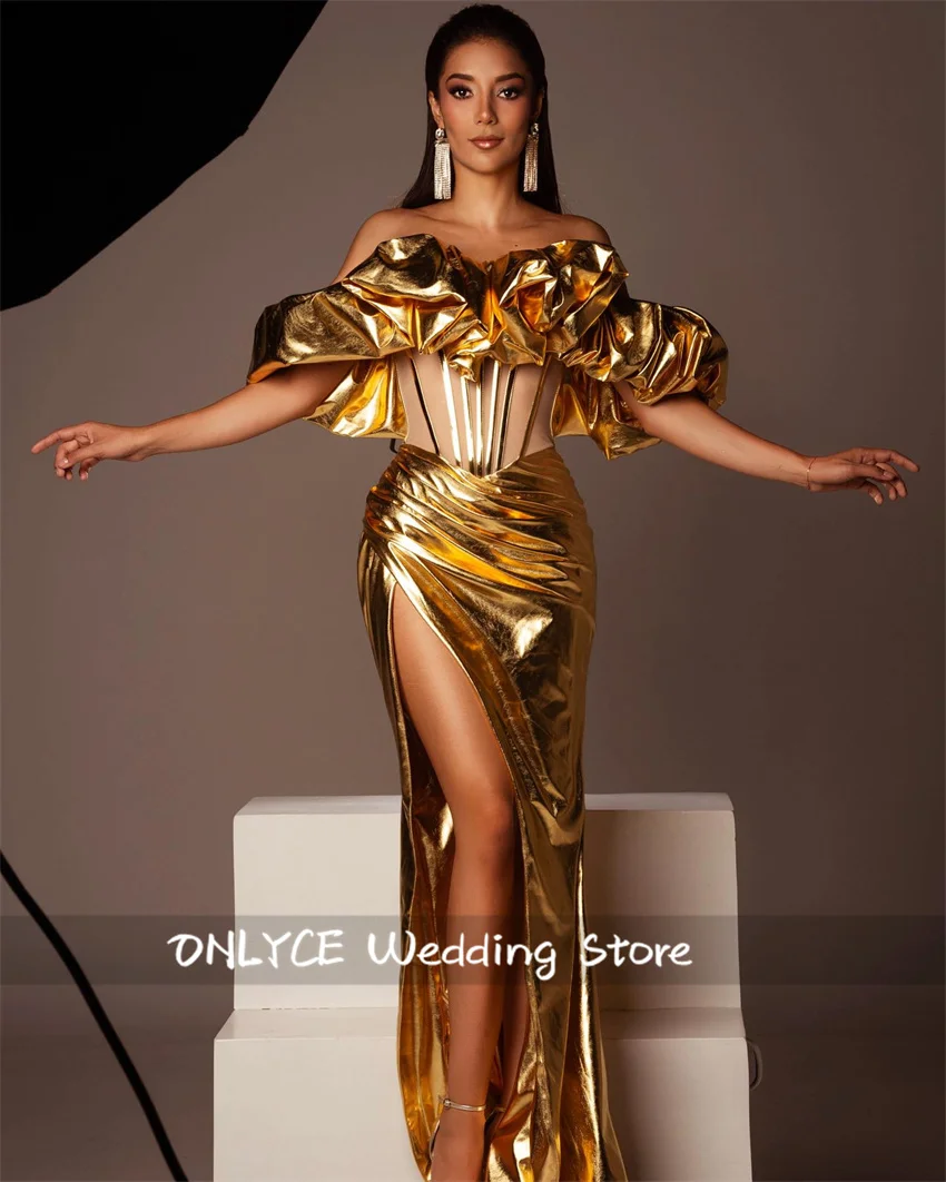 New Gold Mermaid Evening Dress Corset Style With Side Split Formal Party Dresses Prom Gowns 2024 Vestidos Robes De Soirée