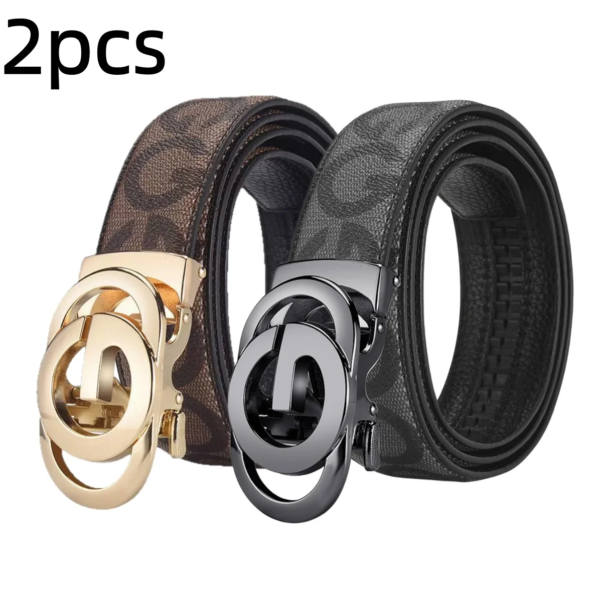 2Pcs Men Stylish Waist Belt Gift Set, Retro Pattern Strap with Double‑Ring Automatic Buckle for Business Men Daily Use