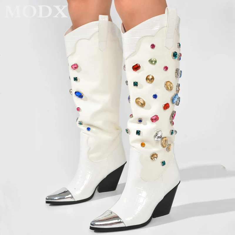 Winter Dikke Hak Puntige Teen Cowboy Western Laarzen Vrouwen Gemengde Kleur Strass Mode Slip-On Catwalk Kniehoge Laarzen Vrouw