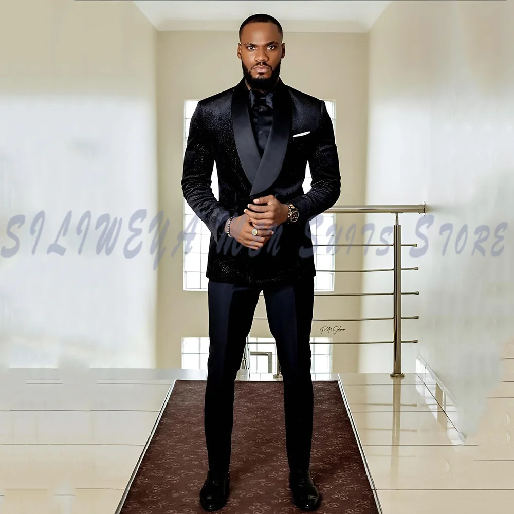 

Luxury Shinning Black Blazer Men's Suits Wedding Groom Tuxedos Business 2 Piece Jacket Pants Sets Customized Prom Party Costume