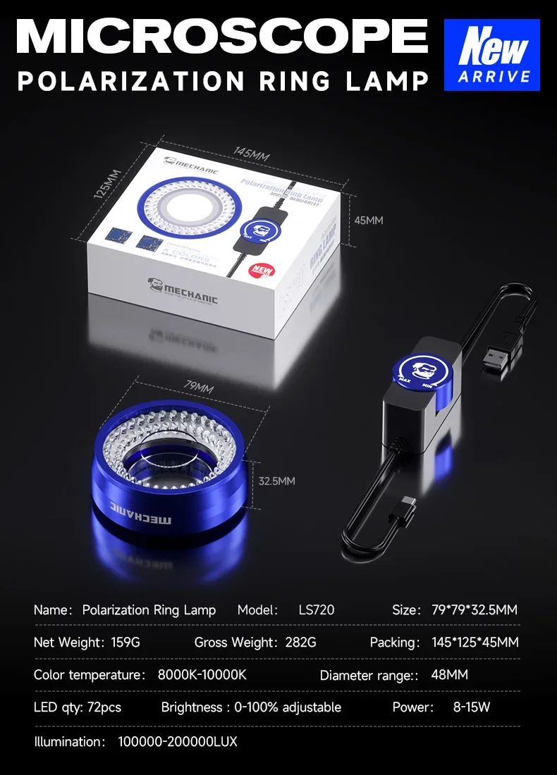 Lámpara de anillo de polarización para microscopio mecánico, anillo polarizado, fuente de luz LS720