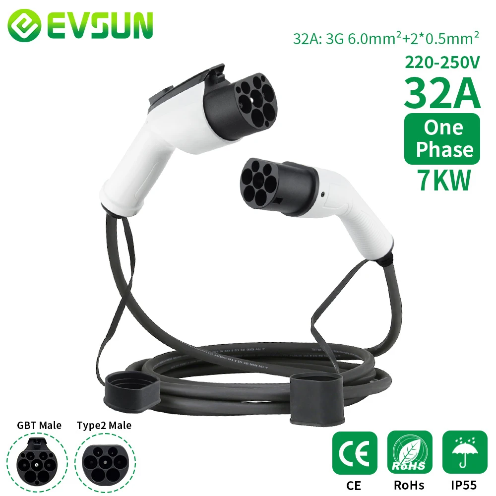 EVSUN GBT Electric Vehicle EV Charging Cable 1 Phase 7KW 32A 5M GB/T Car EVSE Charging Cord for Type 2 62196-2 Charging Station