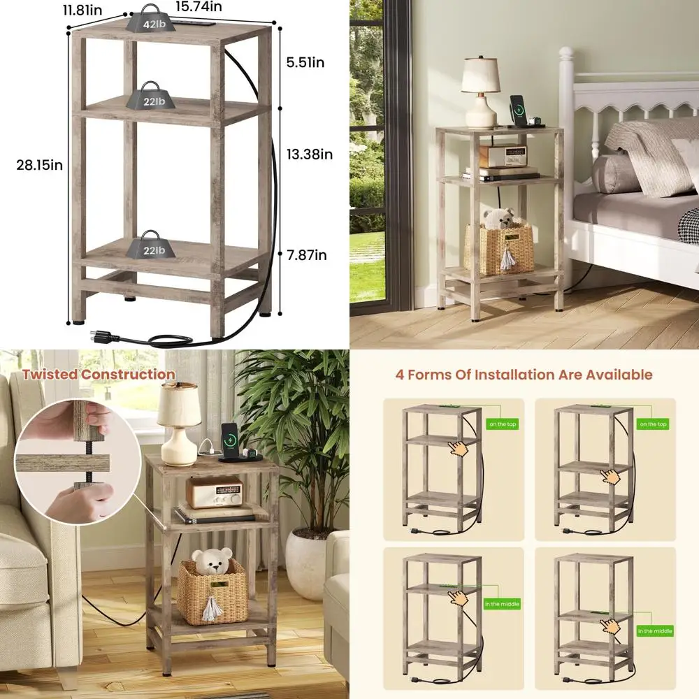 

3 Tier Tall Side Table with Fast Charging Station, Narrow End Table for Small Space, Skinny Nightstand with Type C and USB Port,