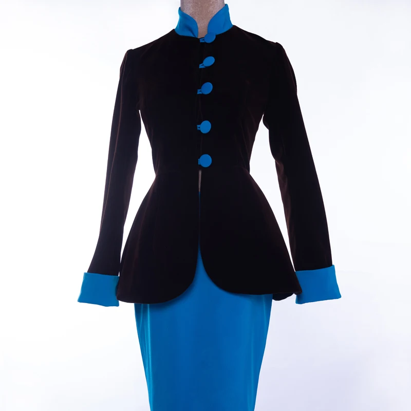 Elegancki kontrast kolor brązowy płaszcz aksamitna niebo niebieska spódnica 1950s styl Bodycon spódnica ołówkowa kobiety sukienka Vintage dwa