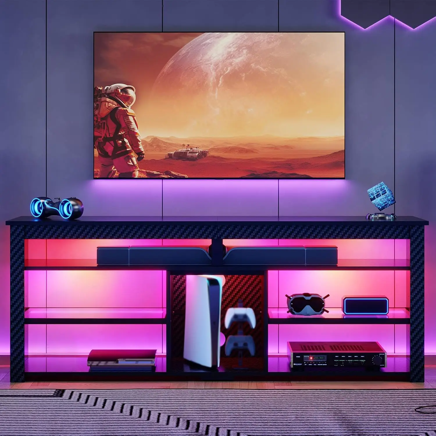 Tall TV Stand Entertainment Center Gaming Console Storage LED Light Bedroom Living Room 70 inch Black Carbon Fiber, Customized