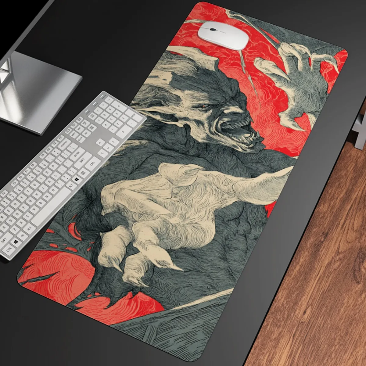 Tapete de mesa para jogos Red Demon Art: base de borracha antiderrapante e superfície de poliéster premium, estética gótica moderna para PC/espaço de trabalho doméstico