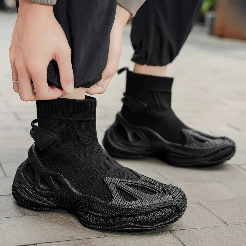 

Classic Black Men's High Top Shoes Breathable Knit Socks Shoes Man Outdoor Trendy Mecha Shoes Men Casual Boots Chaussure Hommes