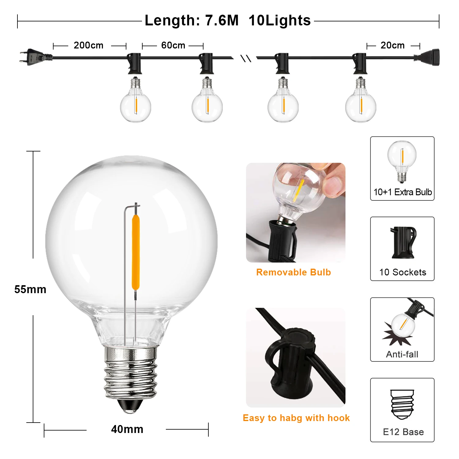 G40 Outdoor Slinger String Lights Shatterproof Waterdichte Plastic Led Lamp Vintage Koppelbare Patry Patio Decor Lichtketting