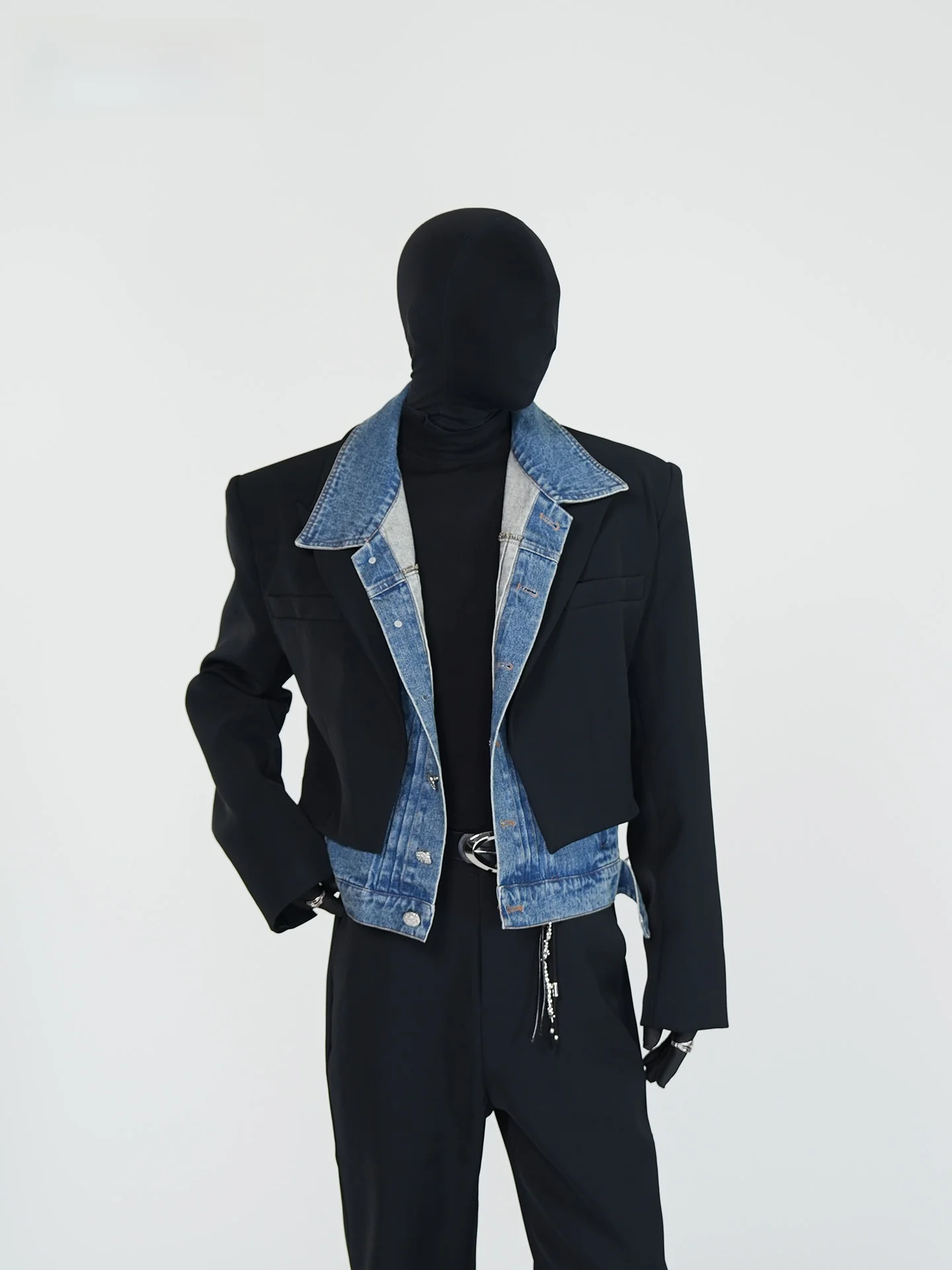 

VE2 Casual Denim Patchwork Suit Jaet Men's T Straight oulder High-End Feeling ort Sle Polyester Blend Long Sve