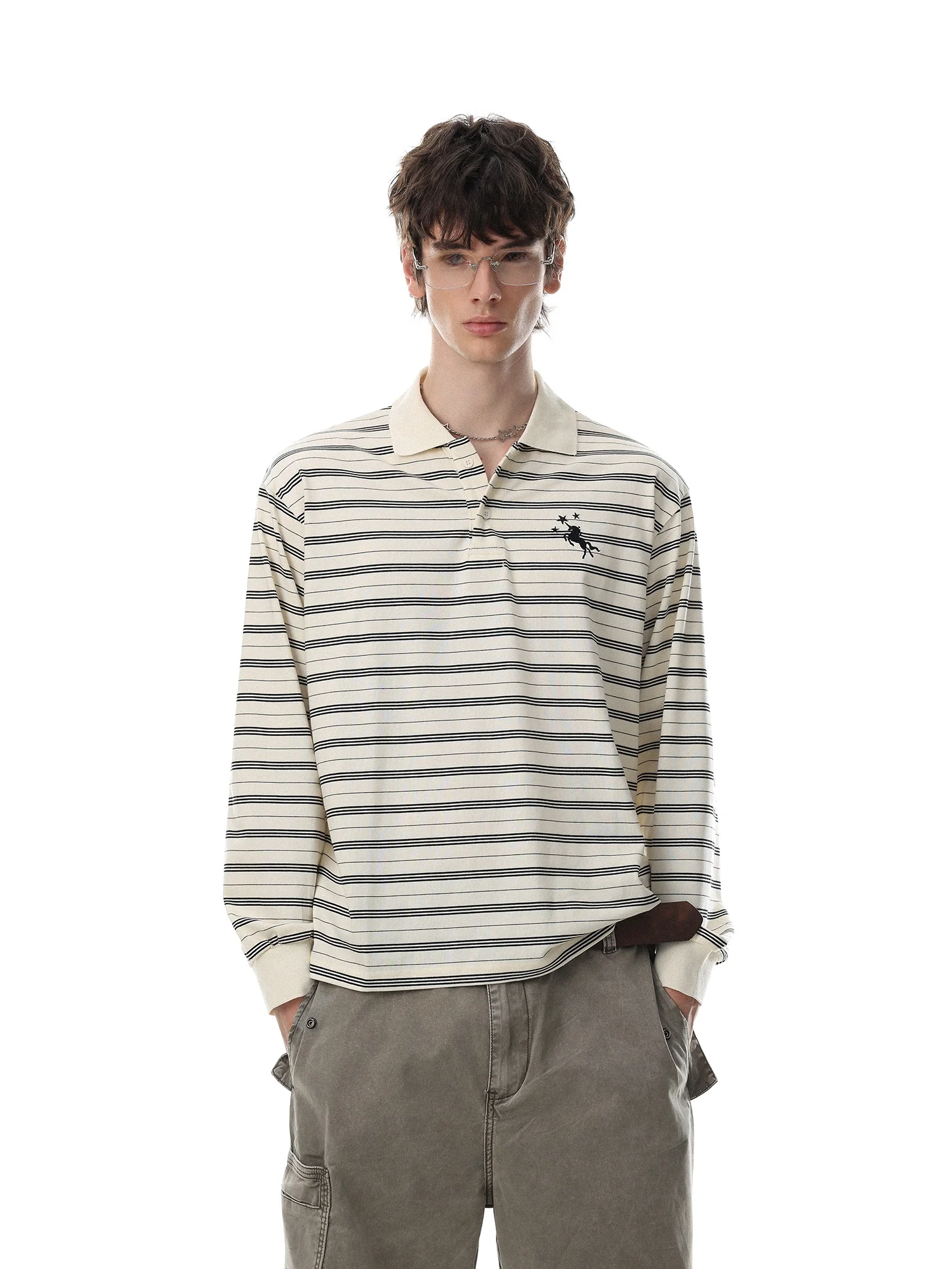 MR NEARLY American Retro Star Unicorn Embroidery Long Sleeve  Shirt Men Loose Striped Top Breathable Comfortable Skin-Fri...
