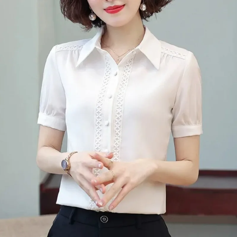 Short Sleeve Turn-down Collar Summer Women\'s Button Lace Patchwork Solid Color Cardigan Clothing Shirt Comfortable Chiffon Tops