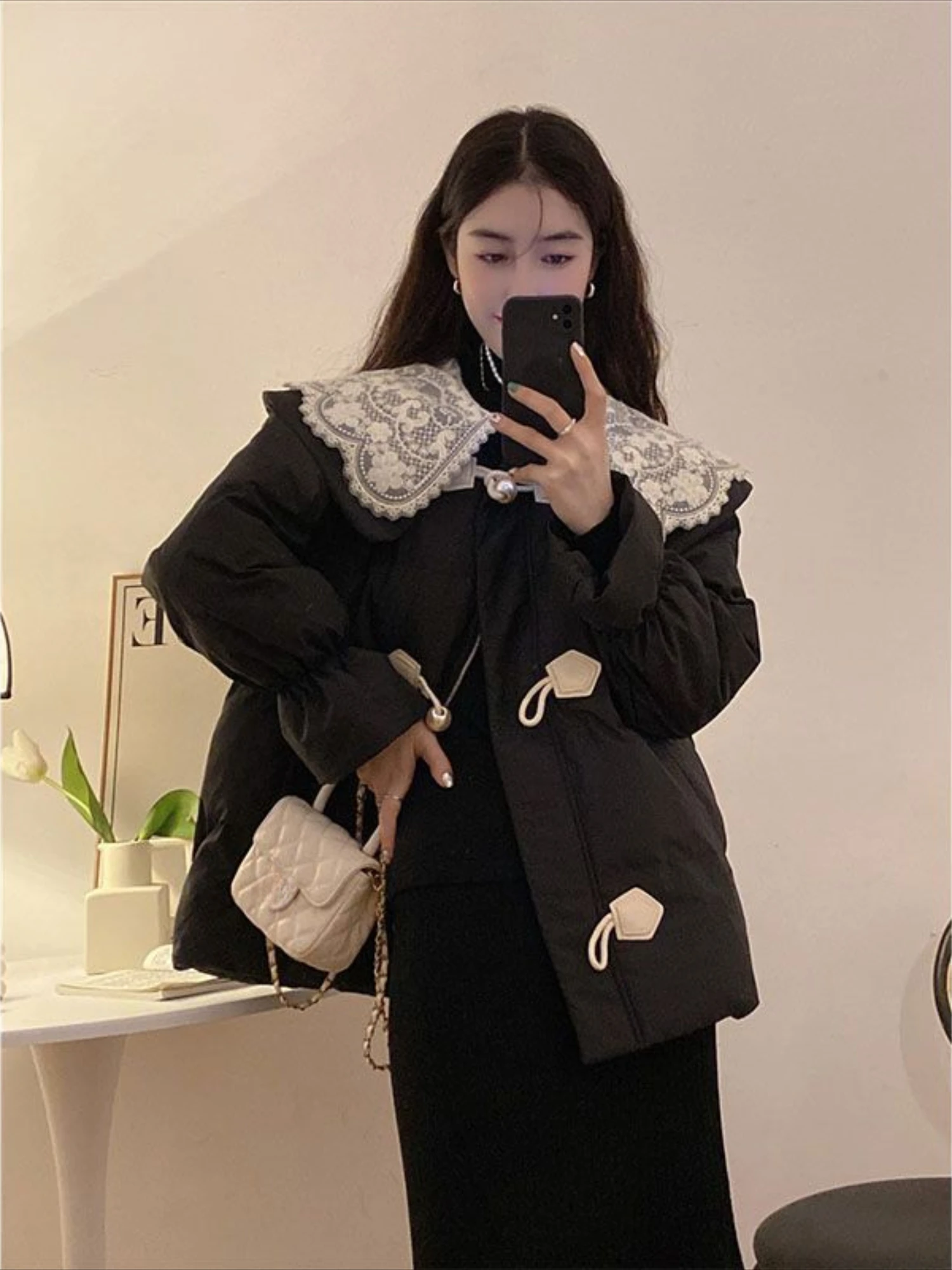 Parkas Woman Sweet Cotton Coats for Women Patchwork Lace Padded Jackets Quilted Modern Discount Fashion 2024 Cheap Luxury Thick