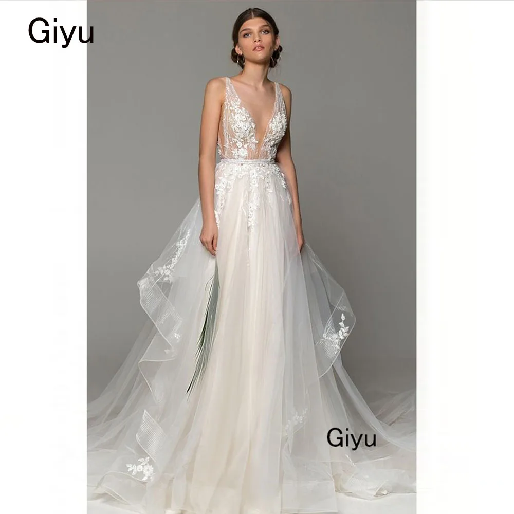 Giyu Fairy Lace Followers Wedding Dress For Woman Backless Deep V-Neck Cap Strap A-line Vestidos Novias Boda Bridal Gown