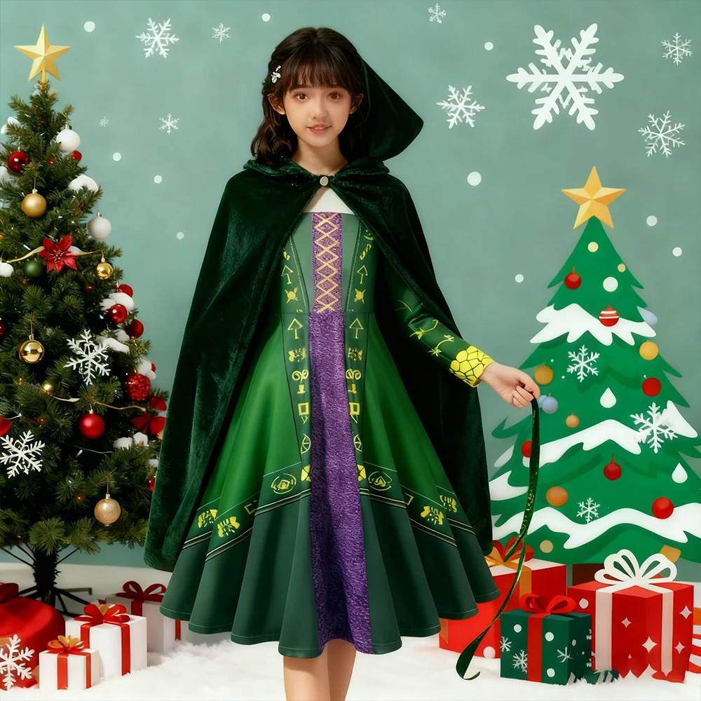 عيد الميلاد الأخضر فستان الأميرة مجموعات للأطفال مجنون الساحرة تأثيري هالوين فستان مُصمم حسب الطلب + عباءة + حقيبة 3 قطعة فساتين الحفلات الفتيات