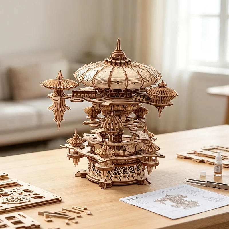 Handcrafted Wooden Music Box 3D Puzzle Assembly Kit Melodic Castle Theme Creative Gift Home Decor for Music Enthusiasts