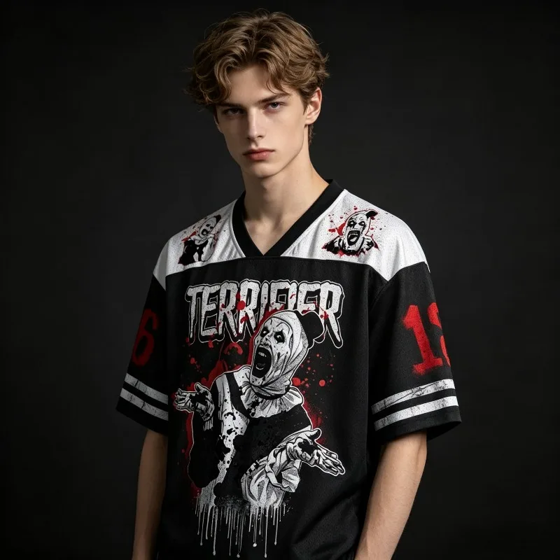 Terrifier Art The Clown Horror Movie Jersey T‑Shirt Men Halloween Blood Splash Print V‑Neck Tops Hip Hop Streetwear Casual Tees