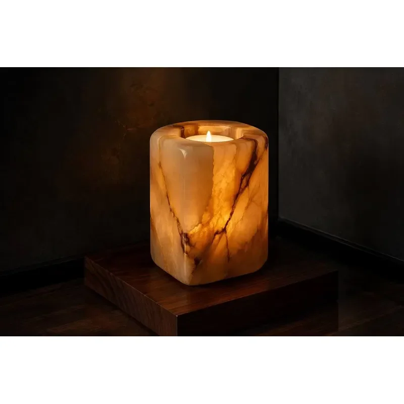 Natural agate marble modern candlestick lamp hand carved stone lantern home office dining room living room table decoration