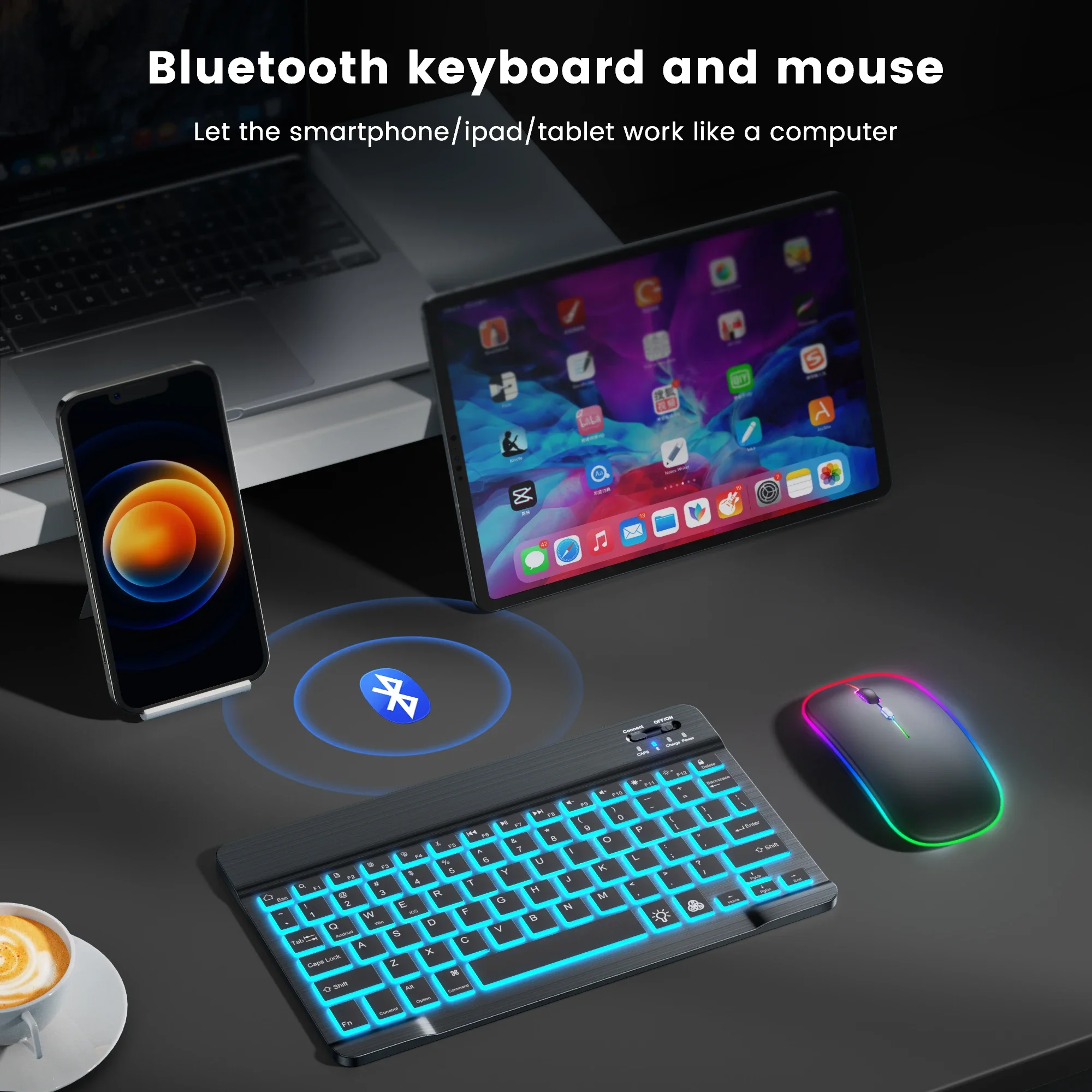 10 inch RGB Bluetooth Keyboard And 2.4G Wireless Bluetooth Dual Moudle Mouse Rechargeable For iPad Tablet Android iOS Windows