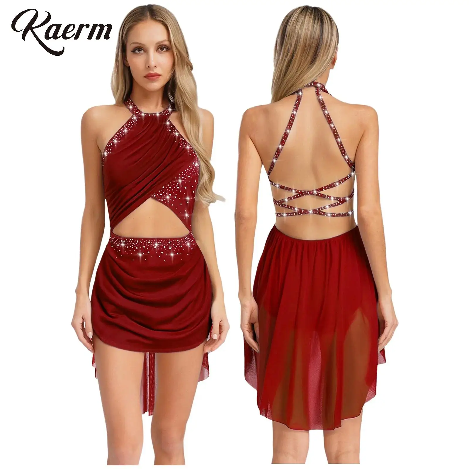 

Womens Ballet Lyrical Dance Dress Sleeveless Backless Mesh Rhinestone Gymnastics Stage Show Costume with Rhinestone Mesh