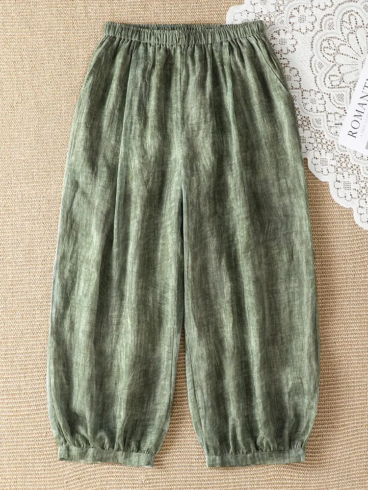 Ladies Loose Elastic Waist Wide Leg Pants Summer New Style Printed Thin Material Breathable Comfortable Straight Cut Trousers