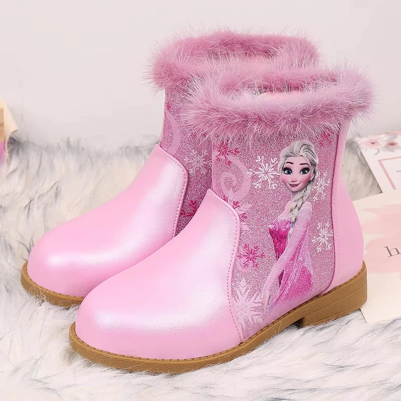 

Сапоги для девочек Disney, зимняя мода, детские короткие хлопковые ботильоны принцессы Эльзы «Холодное сердце» для девочек, розовая обувь для девочек