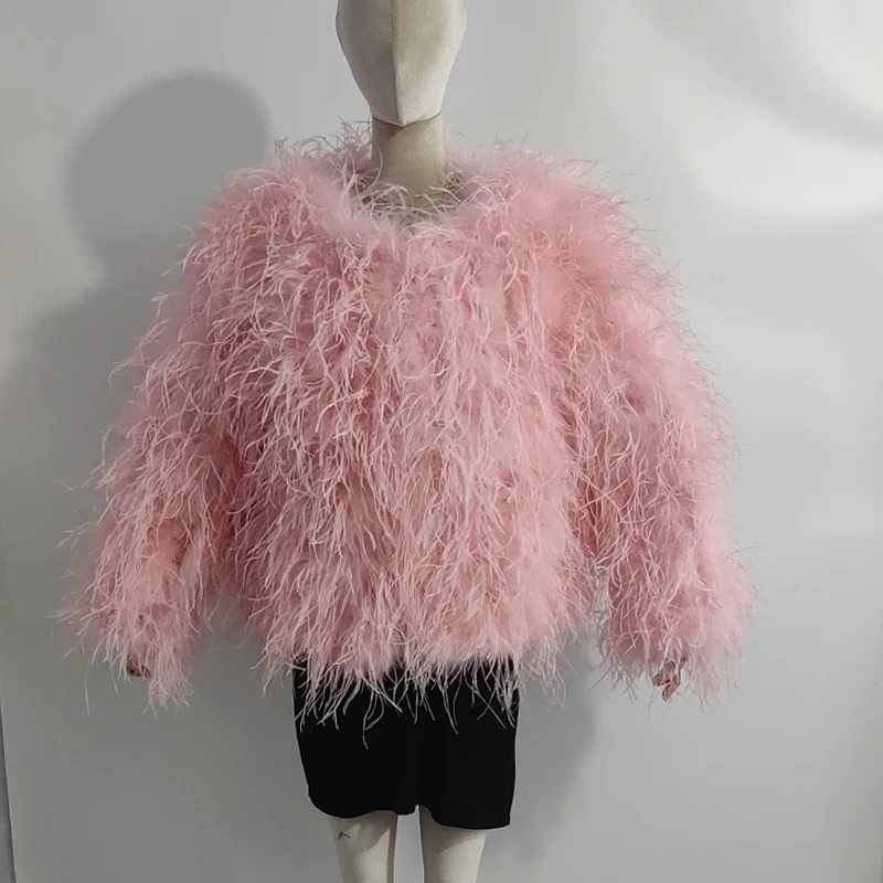 Winter 100% ostrich feather jacket, 60cm long, long sleeved, imported fur women's warm jacket can be customized in size