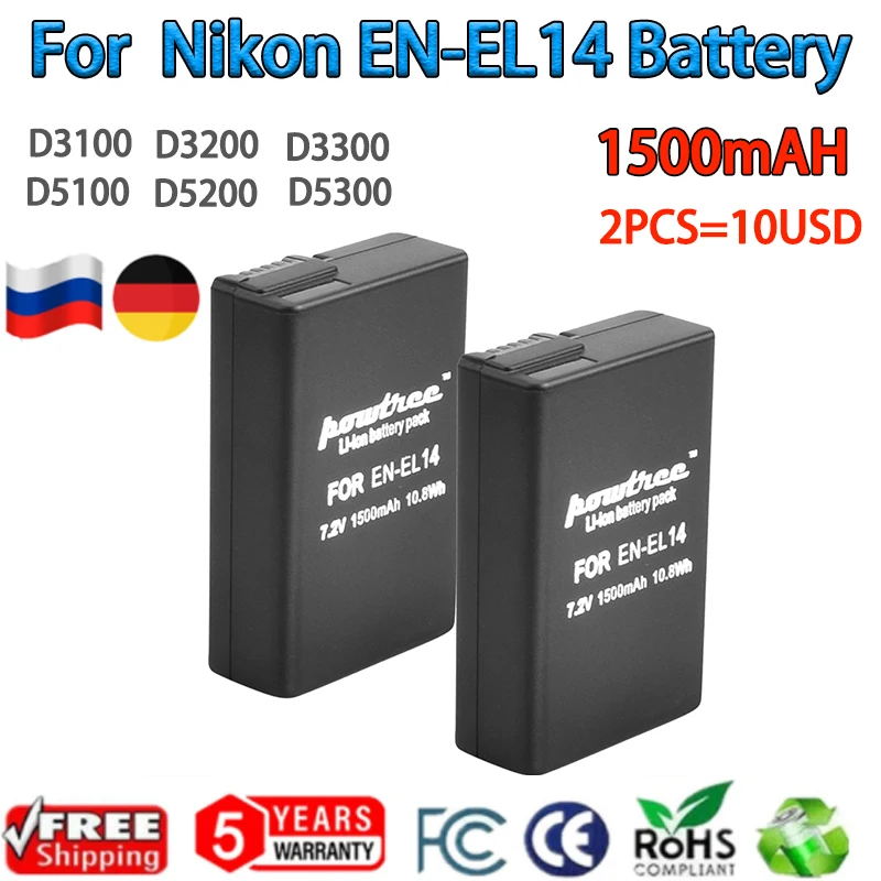 2 PACK 1500mah EN-EL14a EL14 CAMERA BATTERY EN-EL14 For Nikon P7000 P7100 P7800 P7700 D3100 D3200 D3300 D3400 D3500 D5600 D5100