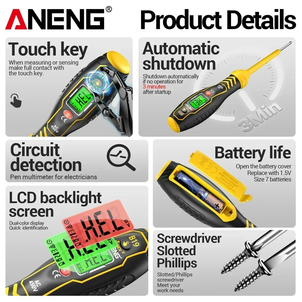 ANENG B19 Pro قلم اختبار NCV رقمي 30-1000 فولت عرض الجهد الحقيقي + إنذار الجرس الفولتميتر/مكتشف نقطة التفريغ أداة كهربائي