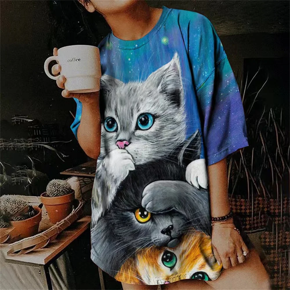 Summer T Shirts for Women 3d Cute Cat Fashion Print T-shirt Women\'s Clothing Short Sleeves Harajuku Animals Girls Kawaii Top Tee