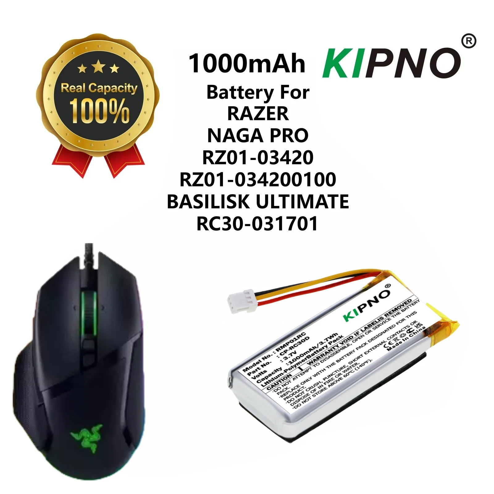 

KIPNO 3.7V 1000mAh Keyboard,Mouse battery CP-RC30D for RAZER NAGA PRO, RZ01-03420, 034200100,BASILISK ULTIMATE,RC30-031701