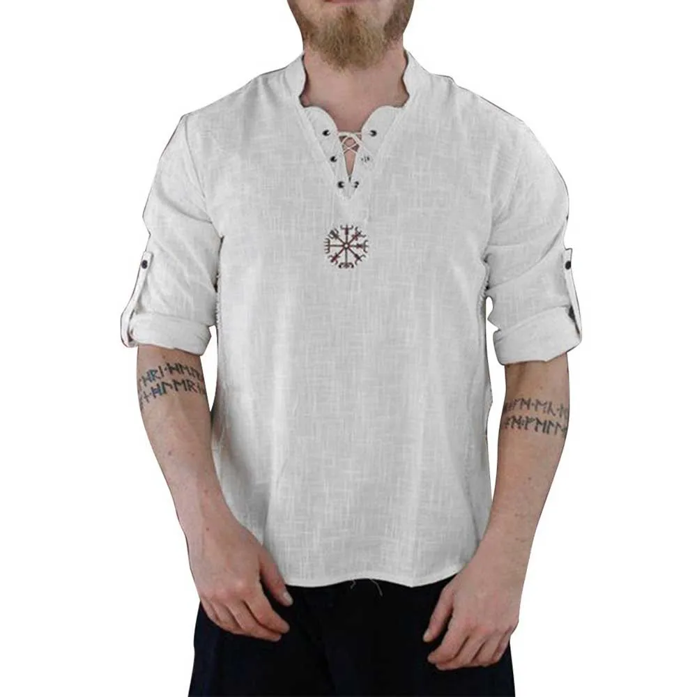 New Medieval Pirate Linen Top Shirt Men Nordic T-shirt Cosplay Lace-Up Tee Pullover Blouse Loose Solid Color Casual Streetwear