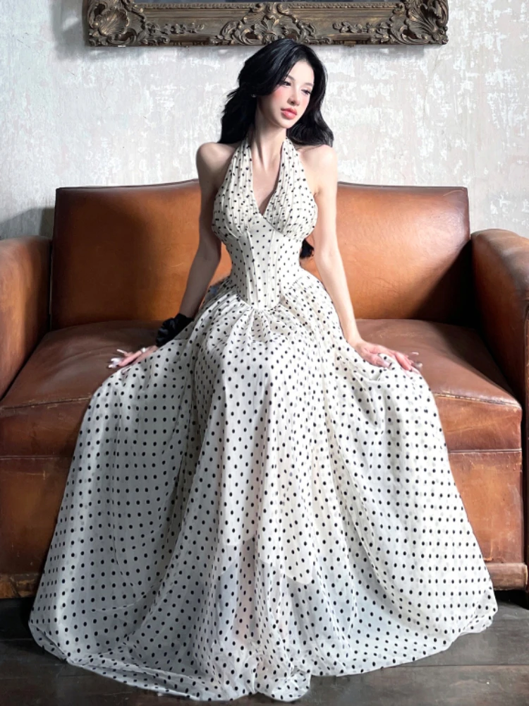 French Elegant Midi Dress Women Sleeveless beach Style Dot V-Neck Dress Evening Party One Piece Dress Vintage Chic Summer
