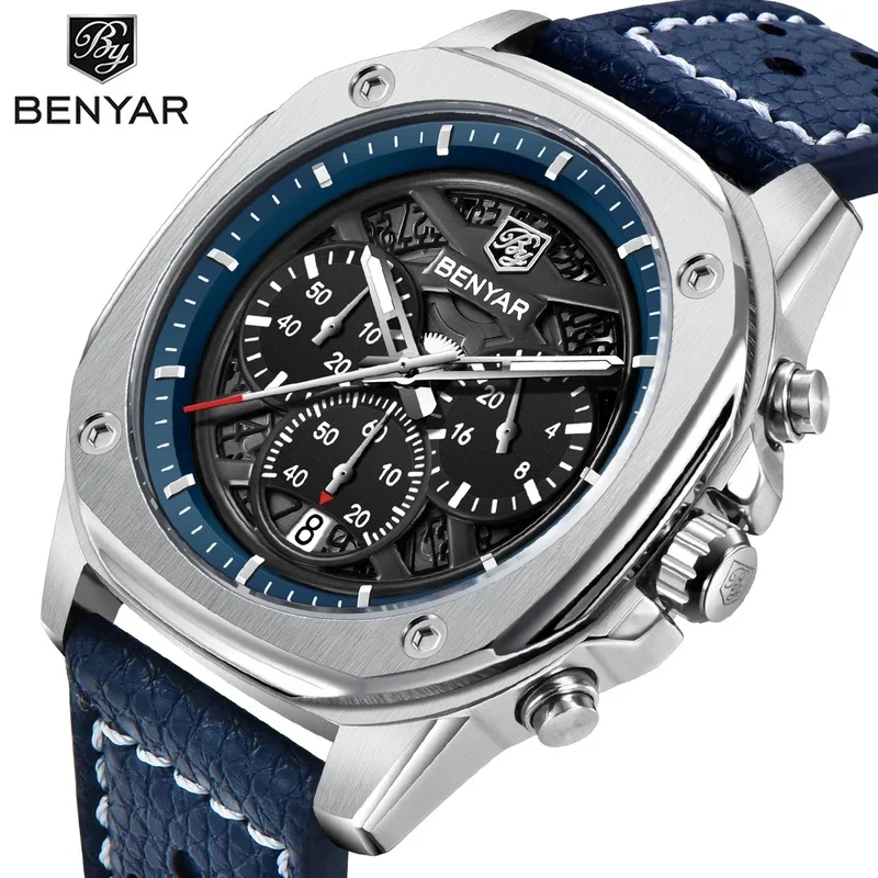 BENYAR 5222 New Retro Sports Men Quartz Watch |   Stainless Steel Strap, Calendar, Luminous Hands, Waterproof, Men's Watch