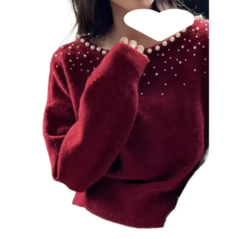 Off-shoulder Pearl Round Neck Sweater for Women Feifei Sleeve Autumn Winter 2024 New Loose Super Good-looking Burgundy Knit Top