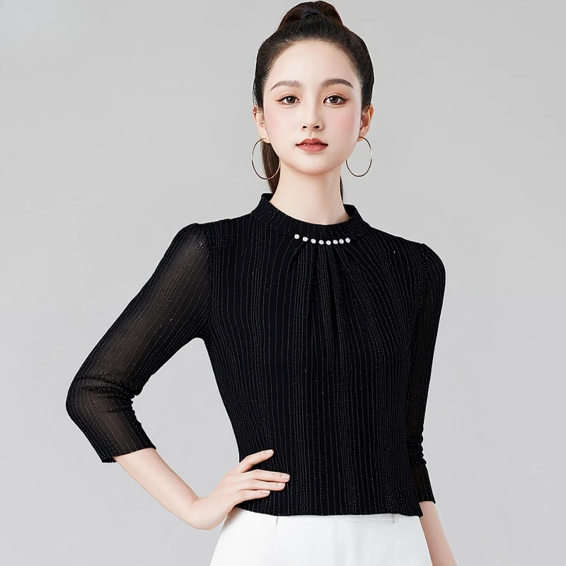 新しい女性用スリムフィットラテンダンスモダンダンストップ、フリース裏地付き-痩身長袖ラテン社交ダンスコスチューム