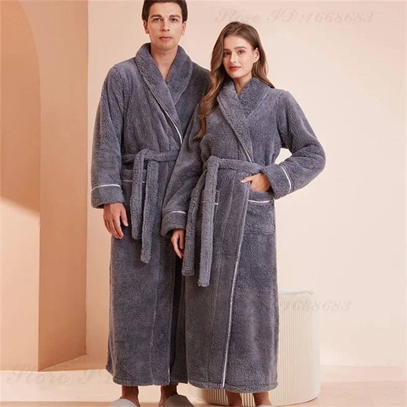 Double Sided Thicken Flannel Autumn Winter Coral Fleece Couple's Long Robe Home Clothes Long Bathrobe Sleepwear Loose Loungewear