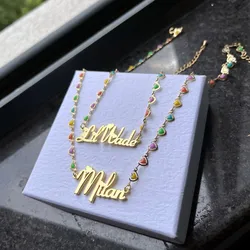 Customized stainless steel name enamel adjustable heart-shaped bracelet necklace stainless steel jewelry set women's gift