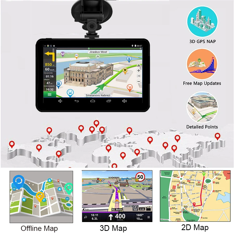 7 Inch Car Android GPS Navigation with Cam BT AVIN Wifi Automobile with Rear View Navigators Eu Spain France Map