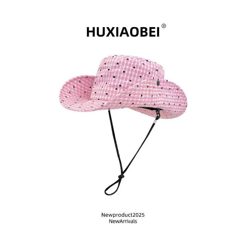 

Japanese Love Plaid Big Eaves Bucket Hat Women's Spring and Summer Outdoor Sunshade Versatile Windproof Lace-up Camping Sun Cap