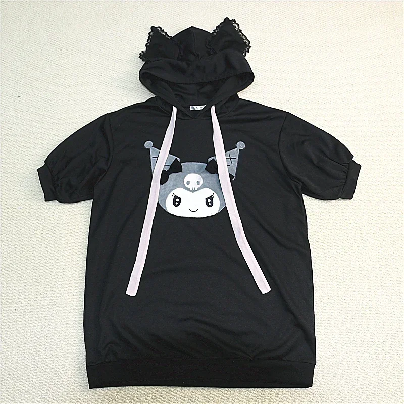 Japanese Style Sanrio Kuromi Sweet Y2k Cartoon Hooded Sweatshirts Summer New Preppy Loose Student Black Casual Hoodies Women